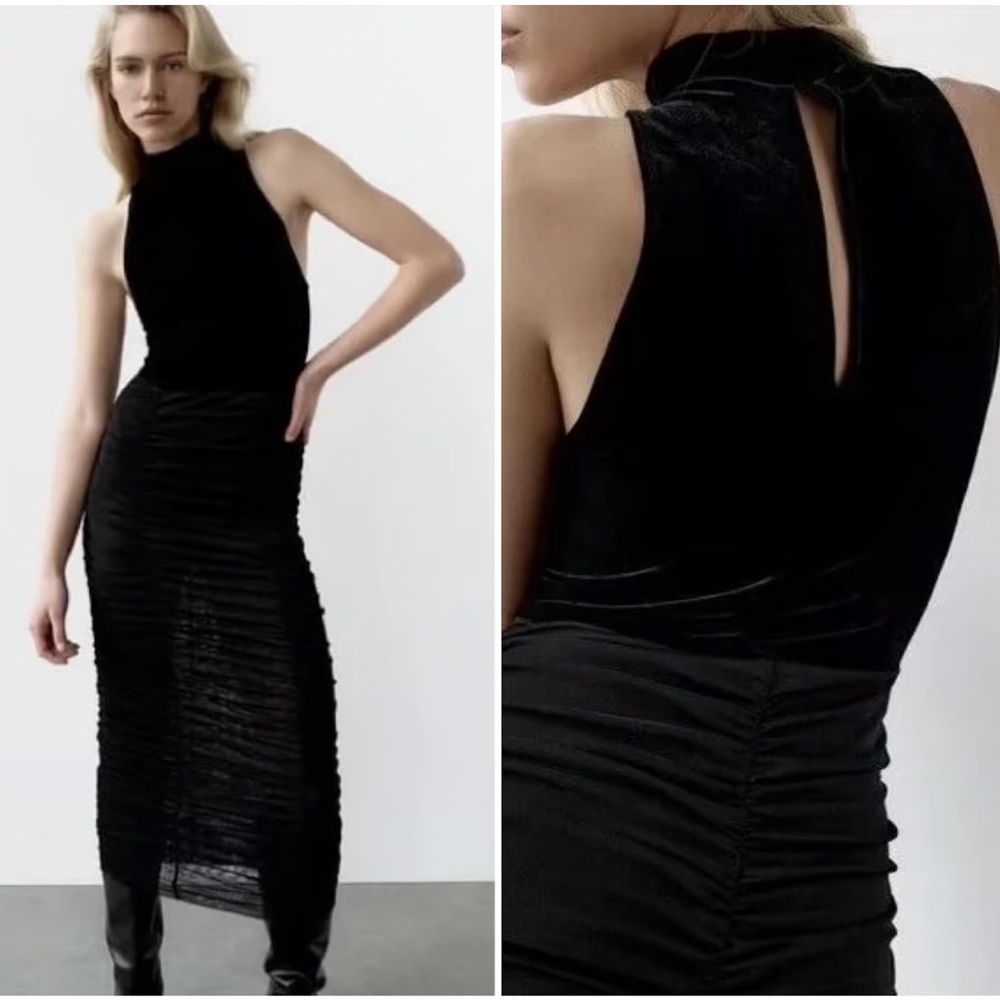 Zara Black‎ Velvet Sleeveless High Neck Halter Ruched Sheer Skirt Midi Dress